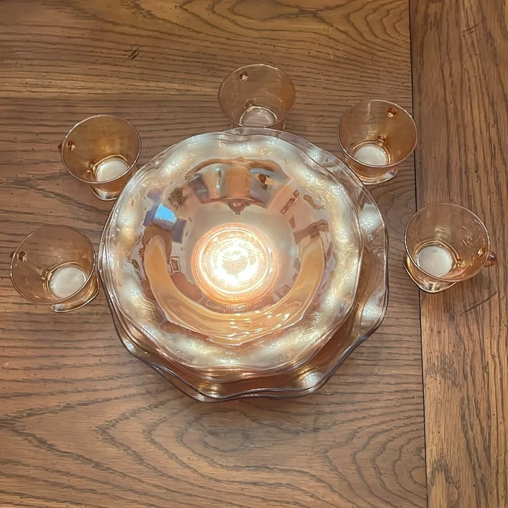 Jeannette Floragold Louisa Depression Glass Tea Cups and bowls Iridescent